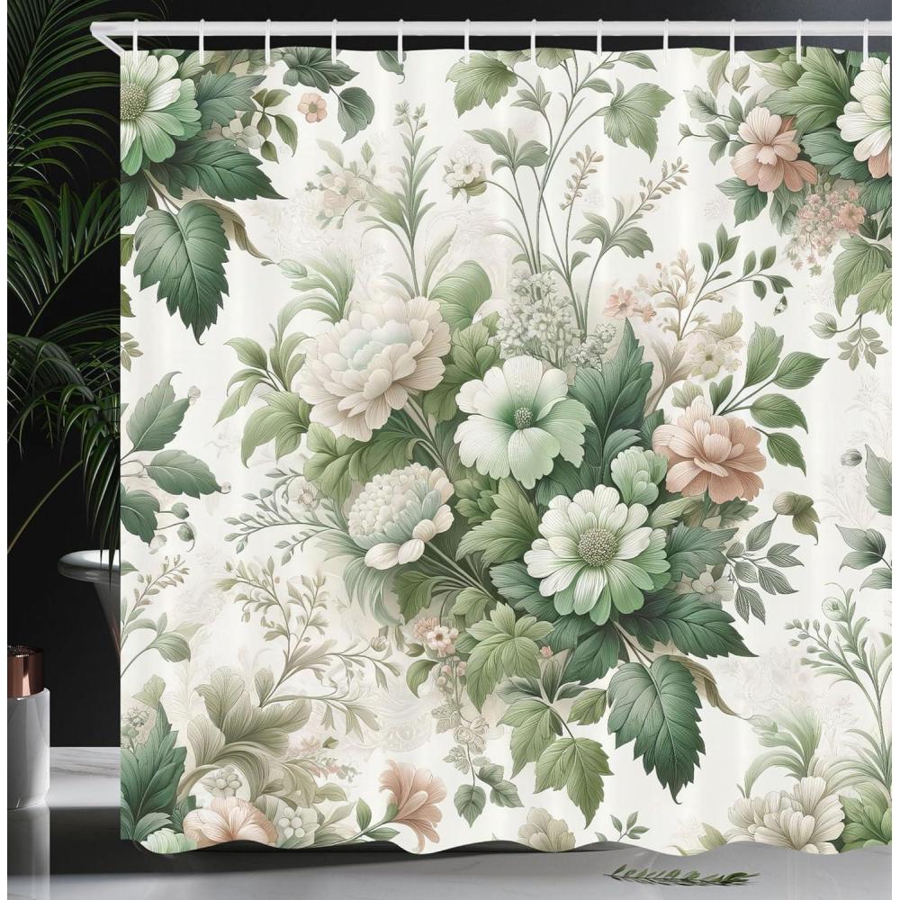 imageAmbesonne Green Shower Curtain Delicate Floral Huddle with Leaves Bohemian Romantic Concept Sage Tones Cloth Fabric Bathroom Decor Set with Hooks 69 W x 70 L Jade Green Pale EggshellJade Green Pale Eggshell