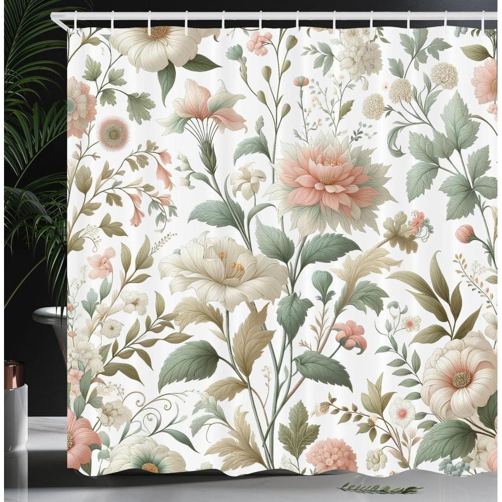 imageAmbesonne Green Shower Curtain Delicate Floral Huddle with Leaves Bohemian Romantic Concept Sage Tones Cloth Fabric Bathroom Decor Set with Hooks 69 W x 70 L Jade Green Pale EggshellPale Salmon Cadet Blue