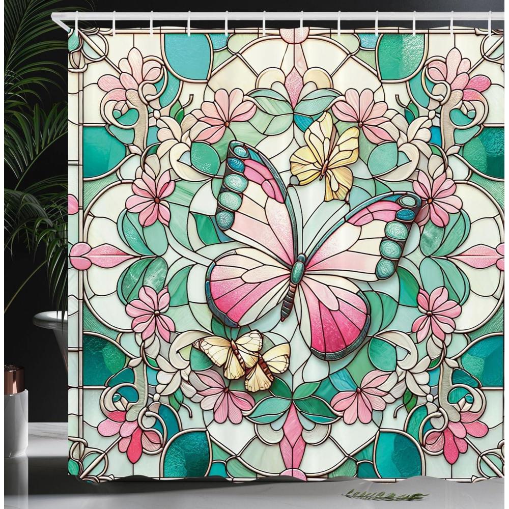 imageAmbesonne Green Shower Curtain Delicate Floral Huddle with Leaves Bohemian Romantic Concept Sage Tones Cloth Fabric Bathroom Decor Set with Hooks 69 W x 70 L Jade Green Pale EggshellTeal Pink and Ivory
