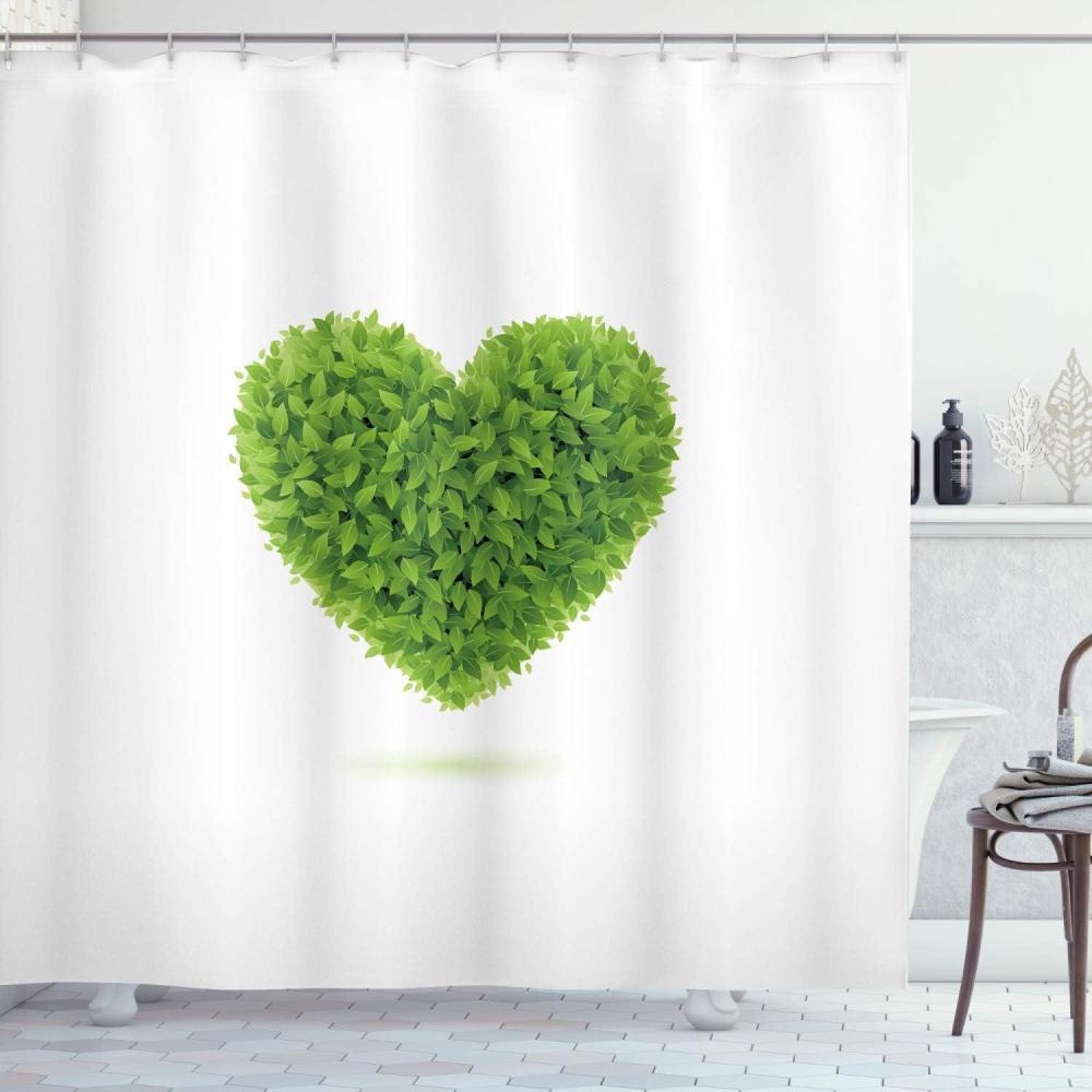 imageAmbesonne Green Shower Curtain Heart with Leafage Foliage Romantic Garden Nature Concept on Plain Backdrop Cloth Fabric Bathroom Decor Set with Hooks 69 W x 70 L Fern Green and White