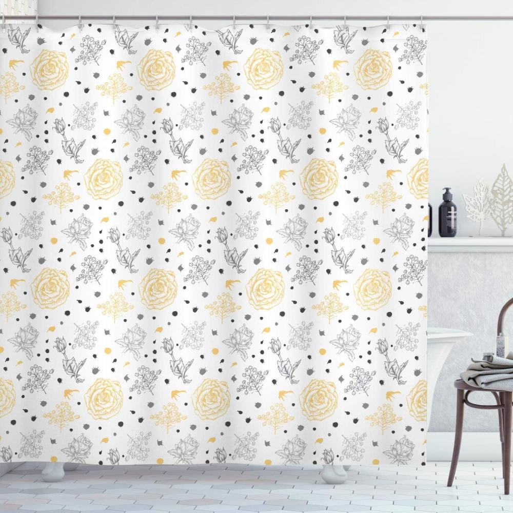 imageAmbesonne Grey and Yellow Shower Curtain Grunge Sketchy Romantic Roses Leaves Cotton Flowers with Dots Image Cloth Fabric Bathroom Decor Set with Hooks 69 W x 70 L Yellow Grey White
