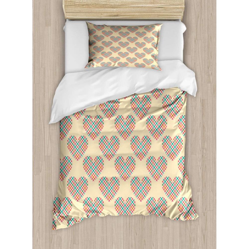 imageAmbesonne Heart Duvet Cover Sets Repetitive Romantic Plaid Motif Hearts Valentines Bedding Set with 2 Duvet Covers amp 4 Pillowcases 2 Pack King Size Champagne MulticolorChampagne Multicolor