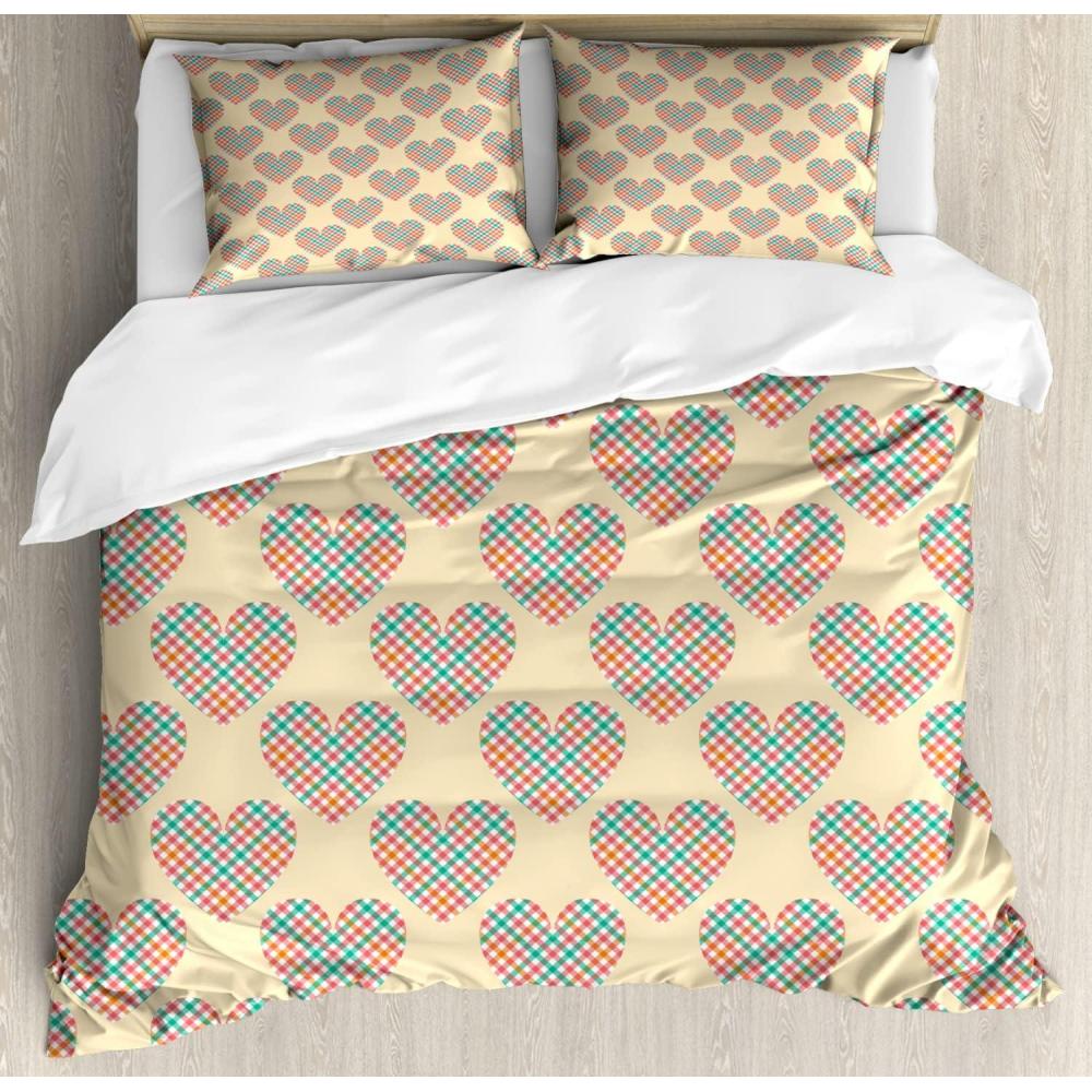 imageAmbesonne Heart Duvet Cover Sets Repetitive Romantic Plaid Motif Hearts Valentines Bedding Set with 2 Duvet Covers amp 4 Pillowcases 2 Pack Queen Size Champagne Multicolor