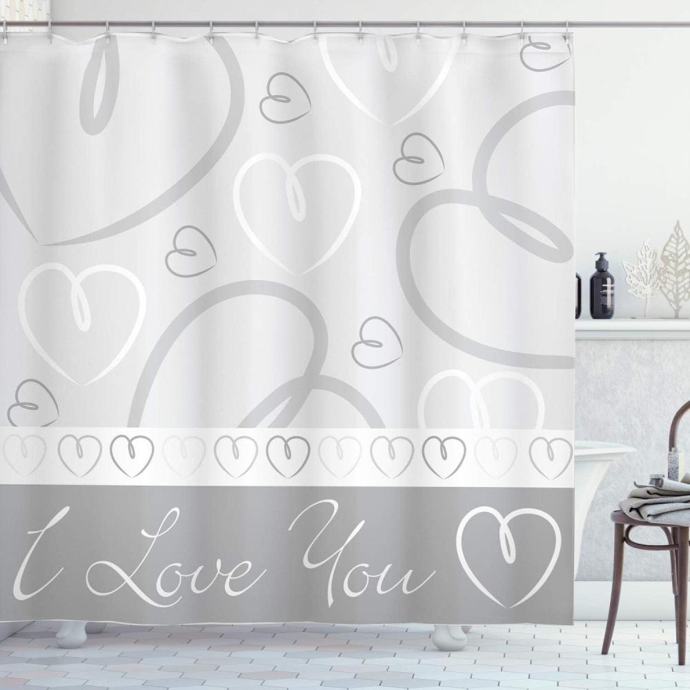 imageAmbesonne Hearts Shower Curtain Romantic Hand Drawn Doodle Heart Shapes I Love You Phrase and Border Cloth Fabric Bathroom Decor Set with Hooks 69 W x 70 L Pale Grey White Grey