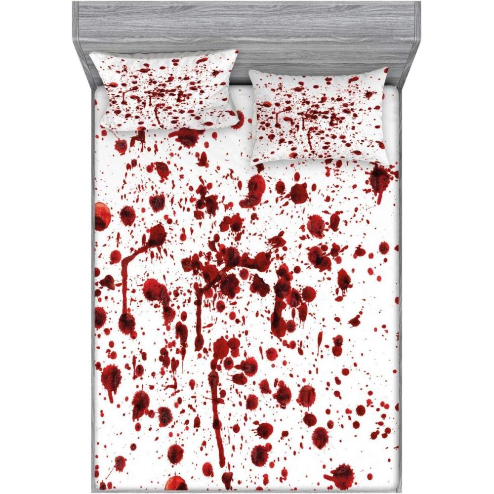 imageAmbesonne Horror Fitted Sheet amp Pillow Sham Set Splashes of Blood Scary Zombie Halloween Movie Lover Print Decorative Printed 3 Piece Bedding Set Bed Cover for Guest Bedroom Queen Scarlet White