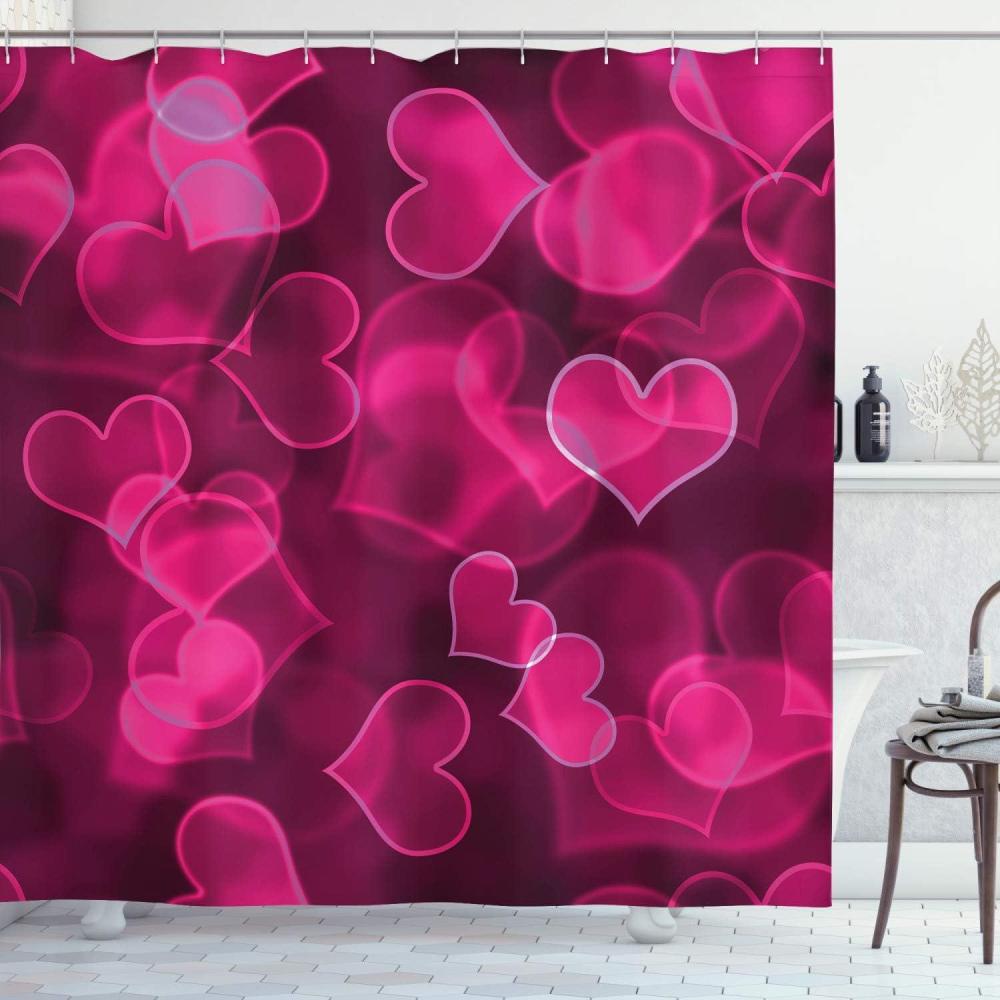 imageAmbesonne Hot Pink Shower Curtain Heart Shapes on Blurry Background Romantic Valentines Day Design Cloth Fabric Bathroom Decor Set with Hooks 69 W x 75 L Magenta Hot Pink