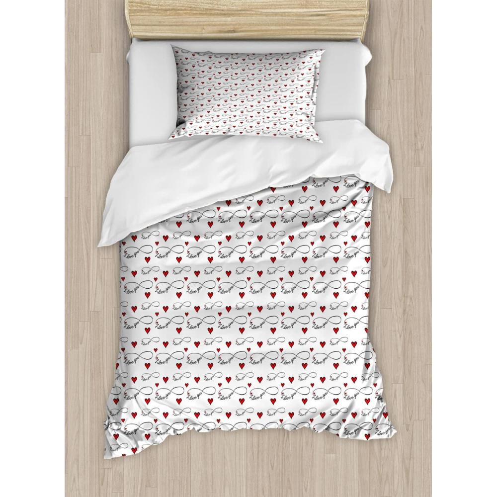 imageAmbesonne I Love You Duvet Cover Set Hand Writing with Infinity Romantic Red Hearts Valentines Day Theme Decorative 3 Piece Bedding Set with 2 Pillow Shams Queen Size Red Black WhiteRed Black White