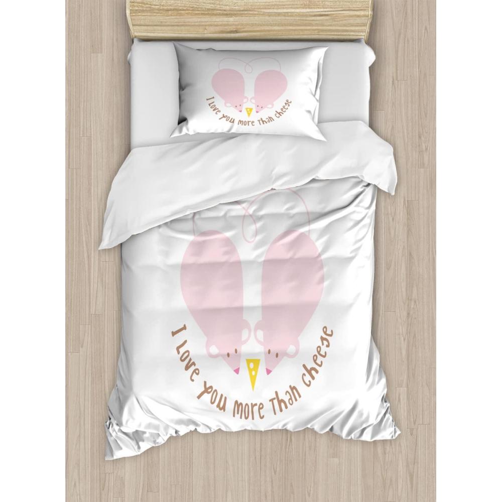 imageAmbesonne I Love You More Duvet Cover Sets Pink Rats with Tangled Tails Forming a Heart Valentines Bedding Set with 2 Duvet Covers amp 2 Pillowcases 2 Pack Twin Size Pale Pink Cocoa Yellow