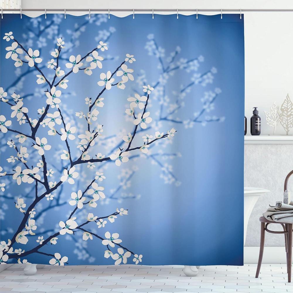 imageAmbesonne Japanese Shower Curtain Spring Season Sakura Bloom Design Romantic Cherry Blossom on Blurry Branches Cloth Fabric Bathroom Decor Set with Hooks 69 W x 70 L Azure Blue