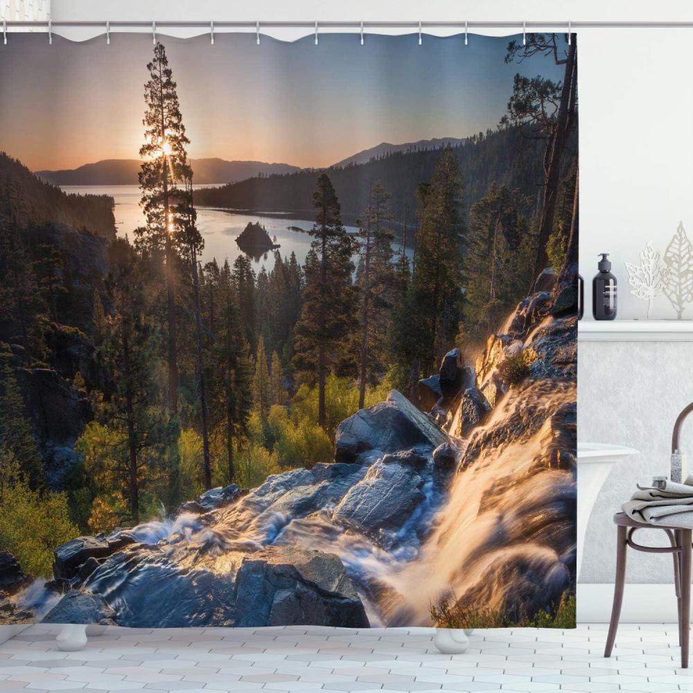 imageAmbesonne Lake Tahoe Shower Curtain Idyllic American Landscape Waterfall into The Forest Traveling Theme Romantic Cloth Fabric Bathroom Decor Set with Hooks 69 W x 75 L Multicolor