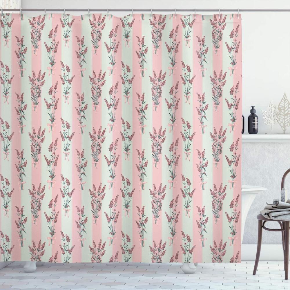 imageAmbesonne Lavender Shower Curtain Stripes and Flowers Ribbons Romantic Country Spring Season Inspired Design Art Cloth Fabric Bathroom Decor Set with Hooks 70 Long Mauve CreamRose Green