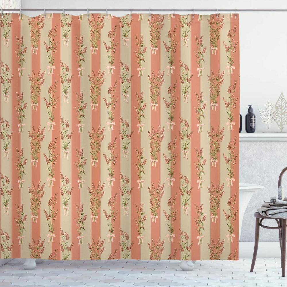 imageAmbesonne Lavender Shower Curtain Stripes and Flowers Ribbons Romantic Country Spring Season Inspired Design Art Cloth Fabric Bathroom Decor Set with Hooks 70 Long Mauve CreamKhaki Salmon