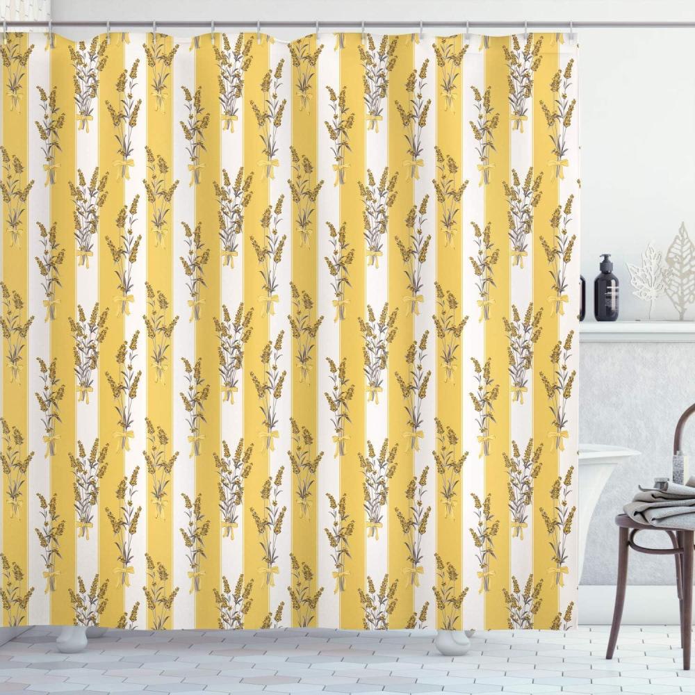 imageAmbesonne Lavender Shower Curtain Stripes and Flowers Ribbons Romantic Country Spring Season Inspired Design Art Cloth Fabric Bathroom Decor Set with Hooks 70 Long Mauve CreamMustard Ivory