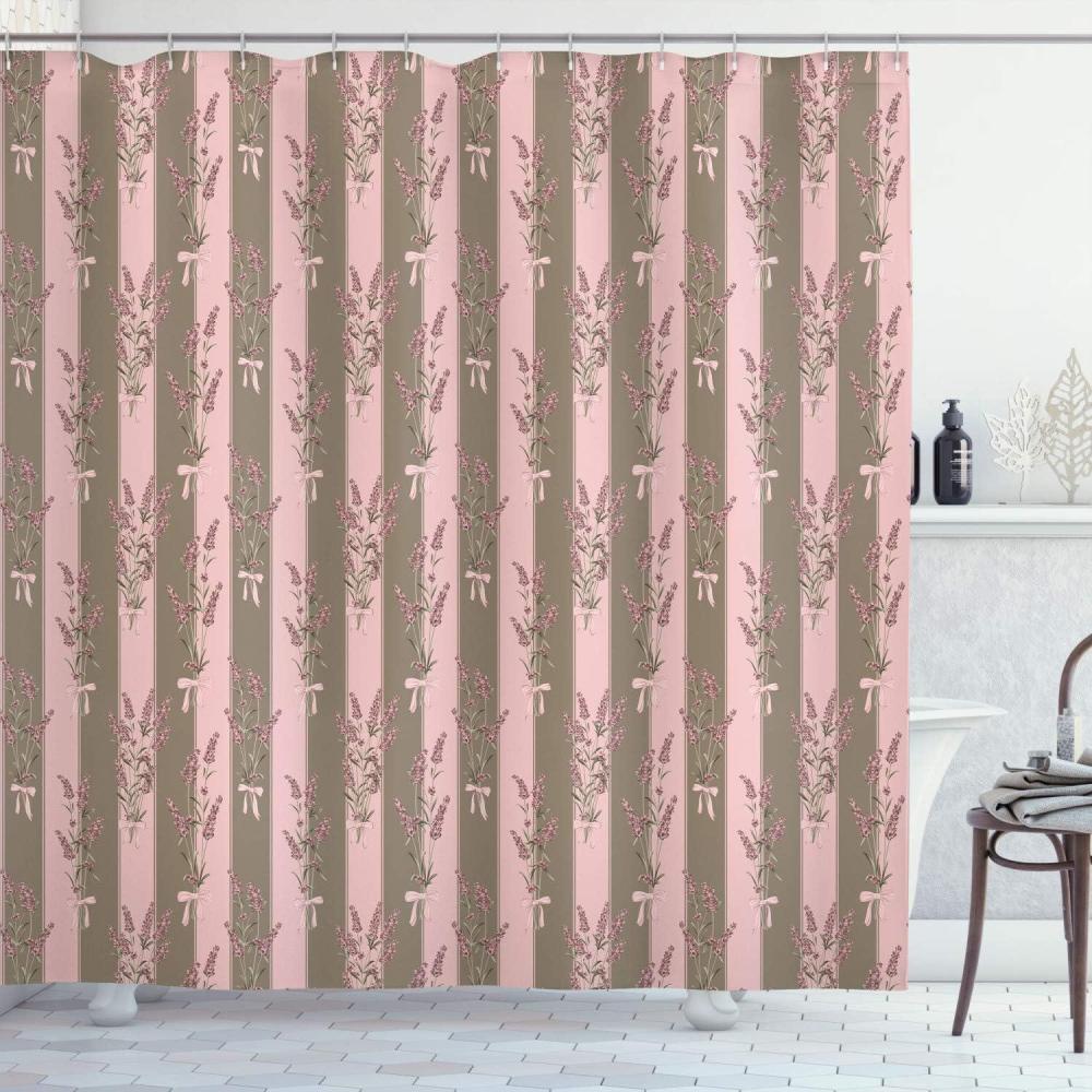 imageAmbesonne Lavender Shower Curtain Stripes and Flowers Ribbons Romantic Country Spring Season Inspired Design Art Cloth Fabric Bathroom Decor Set with Hooks 70 Long Mauve CreamPale Khaki