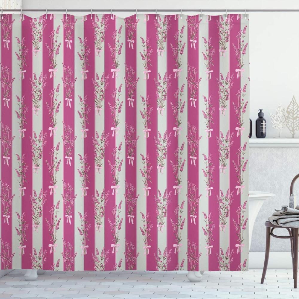 imageAmbesonne Lavender Shower Curtain Stripes and Flowers Ribbons Romantic Country Spring Season Inspired Design Art Cloth Fabric Bathroom Decor Set with Hooks 70 Long Mauve CreamMagenta Rose