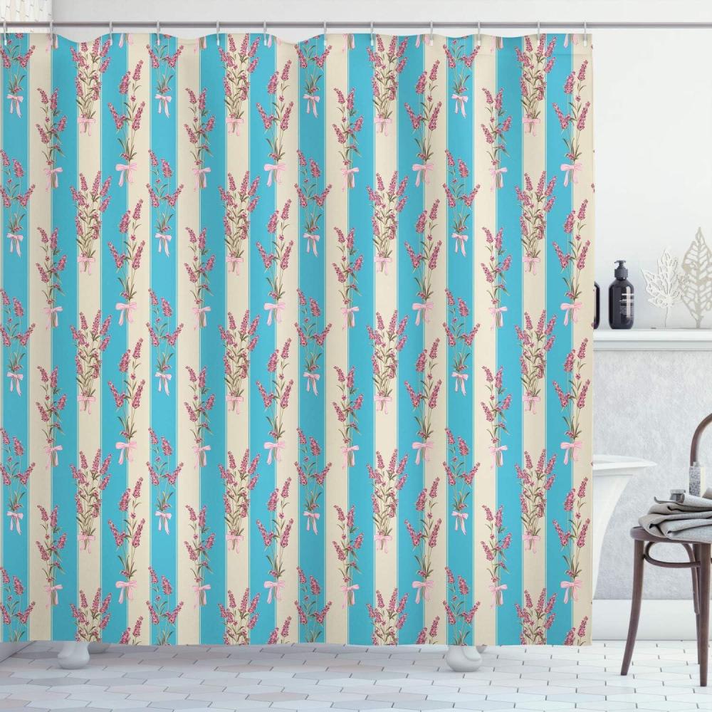 imageAmbesonne Lavender Shower Curtain Stripes and Flowers Ribbons Romantic Country Spring Season Inspired Design Art Cloth Fabric Bathroom Decor Set with Hooks 70 Long Mauve CreamSky Blue