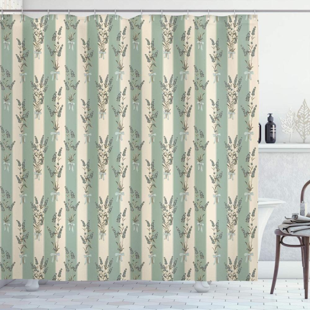 imageAmbesonne Lavender Shower Curtain Stripes and Flowers Ribbons Romantic Country Spring Season Inspired Design Art Cloth Fabric Bathroom Decor Set with Hooks 70 Long Mauve CreamAlmond Green