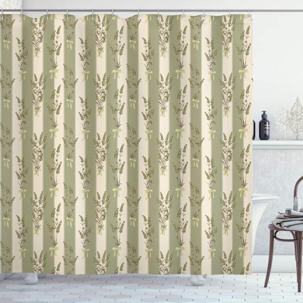 imageAmbesonne Lavender Shower Curtain Stripes and Flowers Ribbons Romantic Country Spring Season Inspired Design Art Cloth Fabric Bathroom Decor Set with Hooks 70 Long Mauve CreamAvocado Green