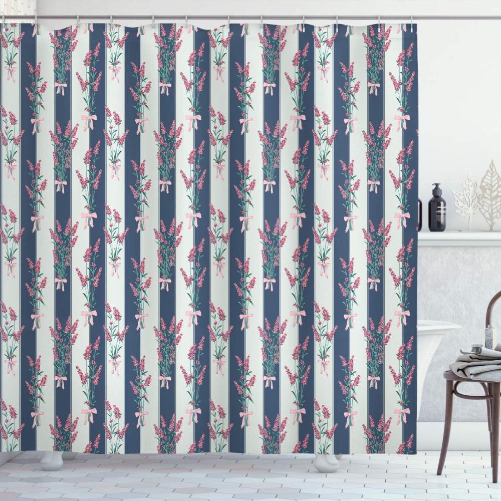 imageAmbesonne Lavender Shower Curtain Stripes and Flowers Ribbons Romantic Country Spring Season Inspired Design Art Cloth Fabric Bathroom Decor Set with Hooks 70 Long Mauve CreamSlate Blue