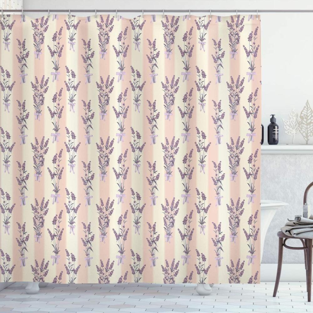 imageAmbesonne Lavender Shower Curtain Stripes and Flowers Ribbons Romantic Country Spring Season Inspired Design Art Cloth Fabric Bathroom Decor Set with Hooks 70 Long Mauve CreamMauve Cream