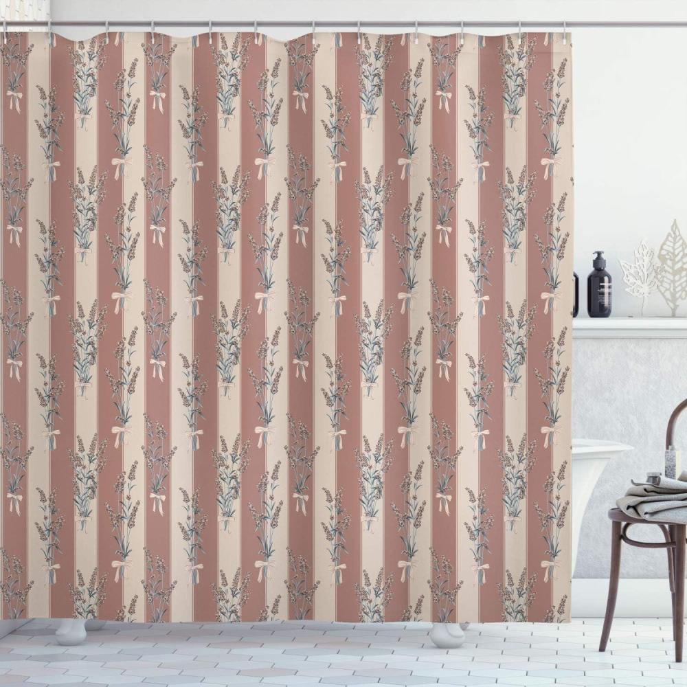 imageAmbesonne Lavender Shower Curtain Stripes and Flowers Ribbons Romantic Country Spring Season Inspired Design Art Cloth Fabric Bathroom Decor Set with Hooks 70 Long Mauve CreamPale Mustard