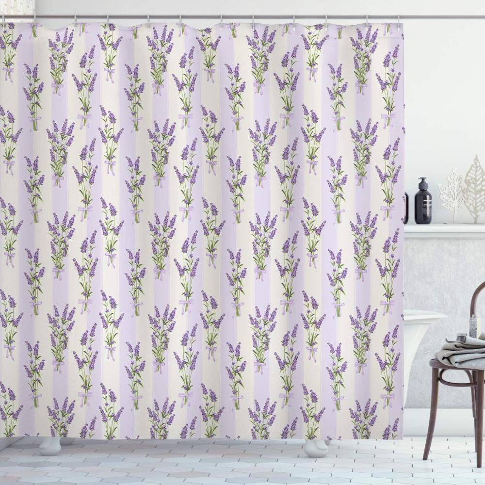imageAmbesonne Lavender Shower Curtain Stripes and Flowers with Ribbons Romantic Country Spring Season Inspired Design Art Cloth Fabric Bathroom Decor Set with Hooks 69 W x 70 L Purple