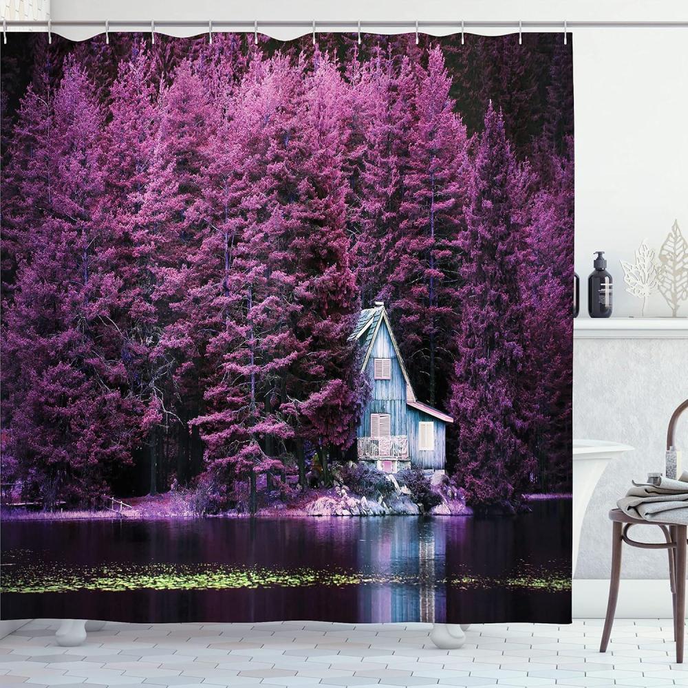 imageAmbesonne Lavender Shower Curtain Trees by a Lake Blue Wooden Rustic Lakehouse Lodge Romantic Spring Nature Theme Cloth Fabric Bathroom Decor Set with Hooks 69 W x 70 L Purple Maroon