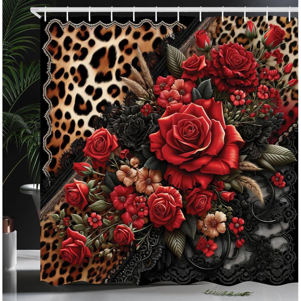 imageAmbesonne Leopard Print Shower Curtain Romantic Roses Classic Lace Motifs Wild Animal Skin Pattern Cloth Fabric Bathroom Decor Set with Hooks 69 W x 70 L Red Sand Brown and Dark Grey