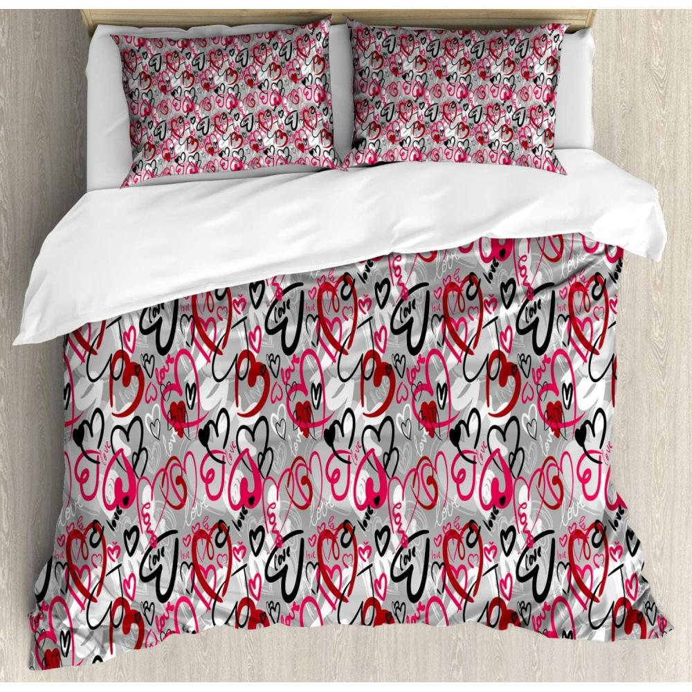 imageAmbesonne Love Duvet Cover Sets Romantic Random Hand Drawn Style Hearts and Love Words Crazy Romance Valentines Bedding Set with 2 Duvet Covers 4 Pillowcases 2 Pack Cal King Size Multicolor