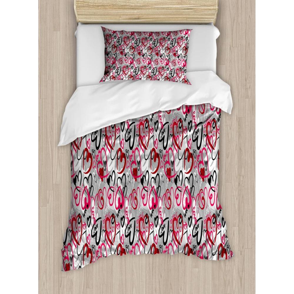 imageAmbesonne Love Duvet Cover Sets Romantic Random Hand Drawn Style Hearts and Love Words Crazy Romance Valentines Bedding Set with 2 Duvet Covers amp 2 Pillowcases 2 Pack Twin Size Multicolor