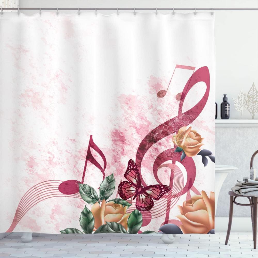 imageAmbesonne Music Shower Curtain Music Roses Romantic Antiquity Victorian Classic Bridal Floral Illustration Cloth Fabric Bathroom Decor Set with Hooks 75 Long Hunter GreenPale Fuchsia