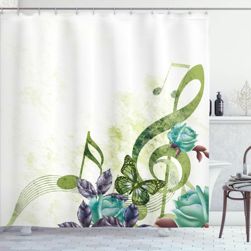 imageAmbesonne Music Shower Curtain Music Roses Romantic Antiquity Victorian Classic Bridal Floral Illustration Cloth Fabric Bathroom Decor Set with Hooks 75 Long Hunter GreenPale Olive