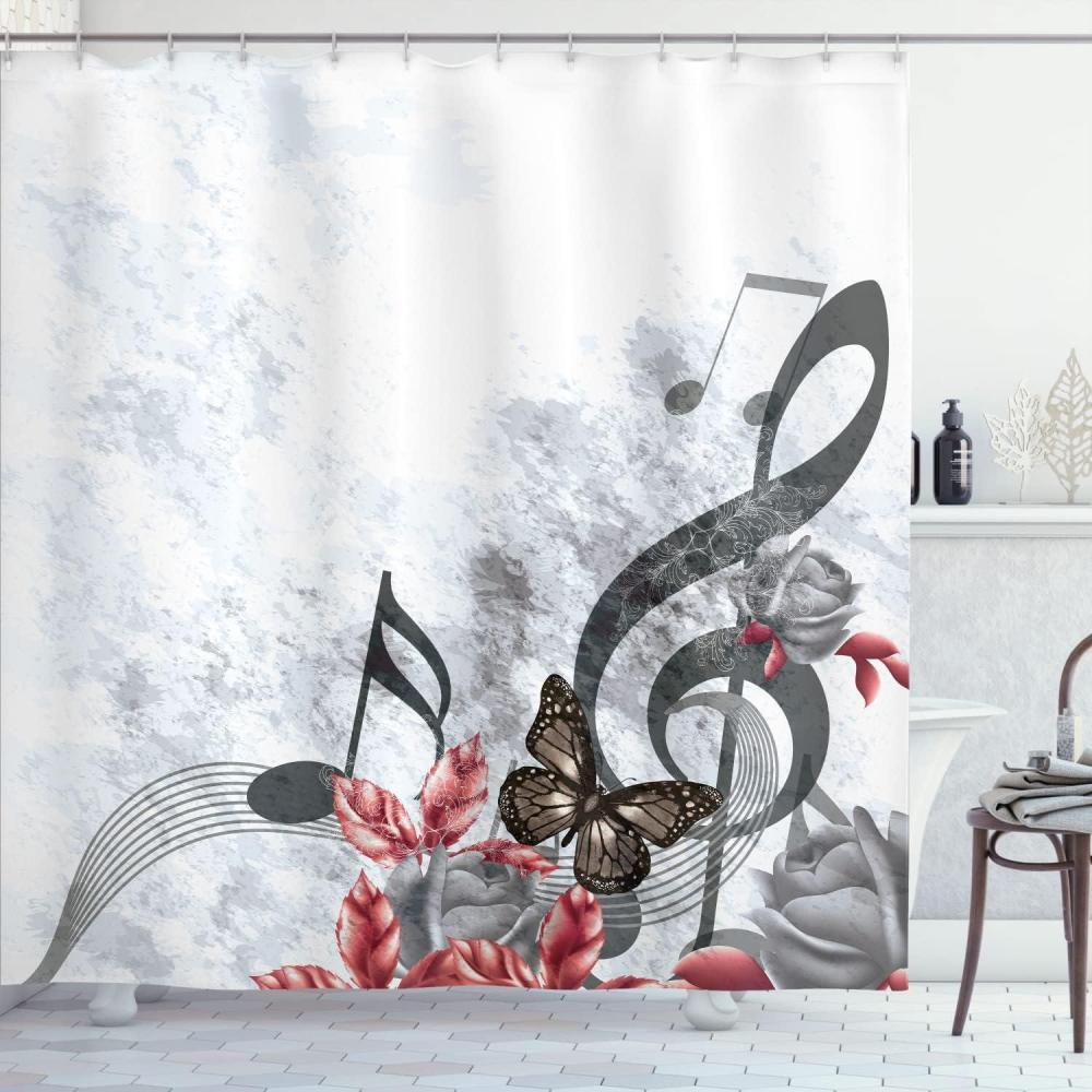 imageAmbesonne Music Shower Curtain Music Roses Romantic Antiquity Victorian Classic Bridal Floral Illustration Cloth Fabric Bathroom Decor Set with Hooks 75 Long Hunter GreenPale Grey