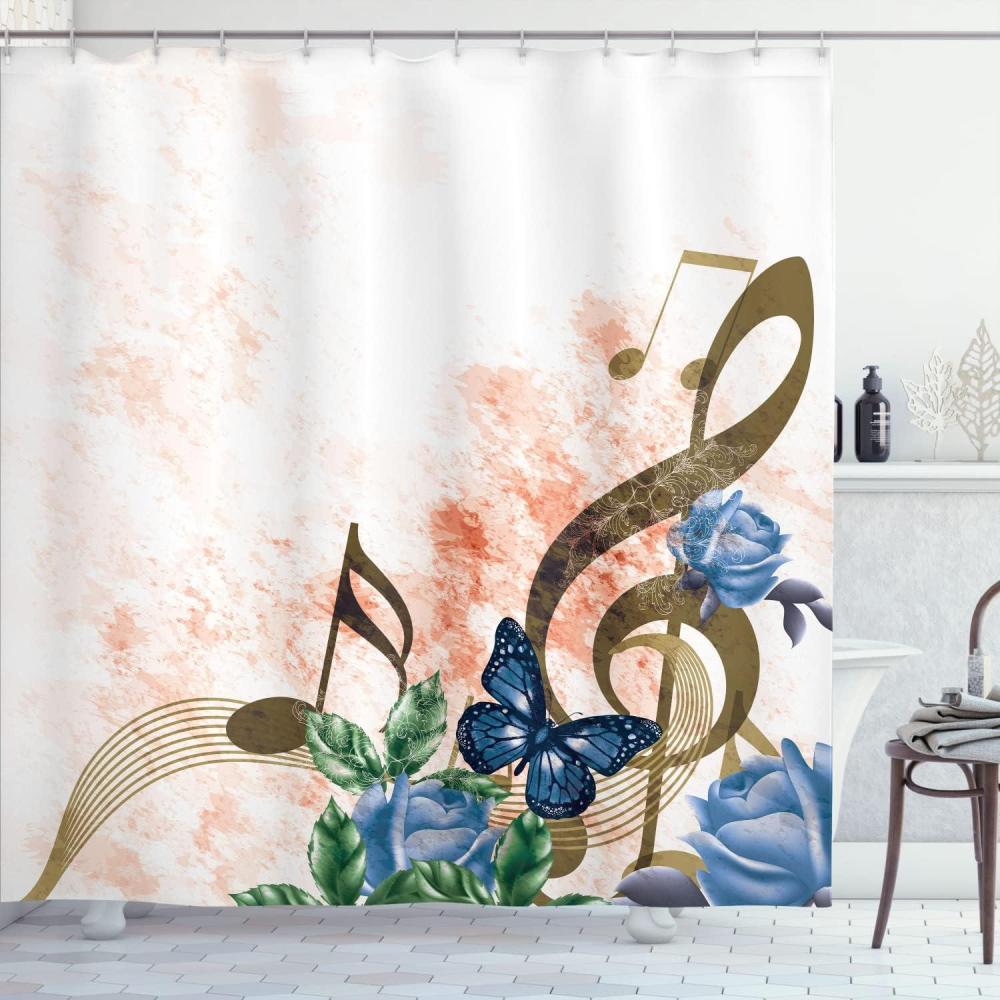 imageAmbesonne Music Shower Curtain Music Roses Romantic Antiquity Victorian Classic Bridal Floral Illustration Cloth Fabric Bathroom Decor Set with Hooks 75 Long Hunter GreenSalmon