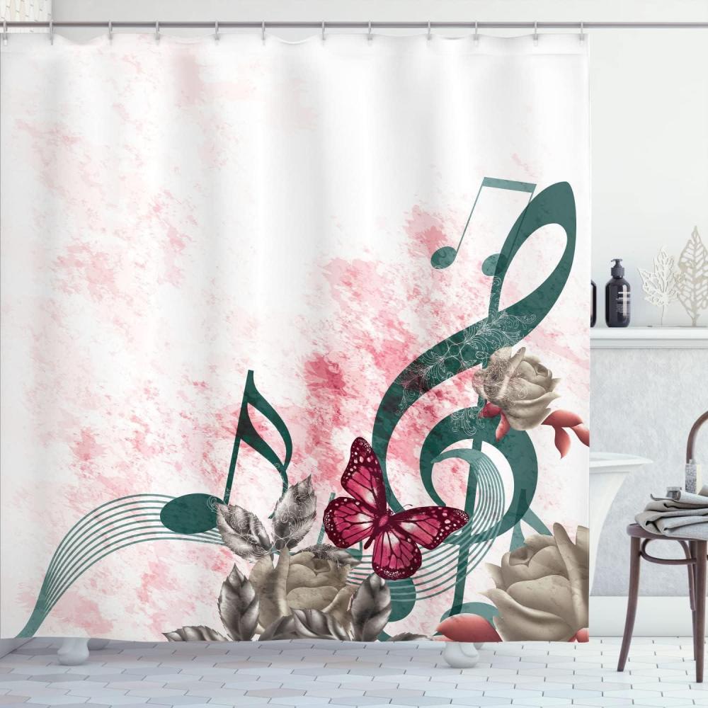 imageAmbesonne Music Shower Curtain Music Roses Romantic Antiquity Victorian Classic Bridal Floral Illustration Cloth Fabric Bathroom Decor Set with Hooks 75 Long Hunter GreenPale Pink