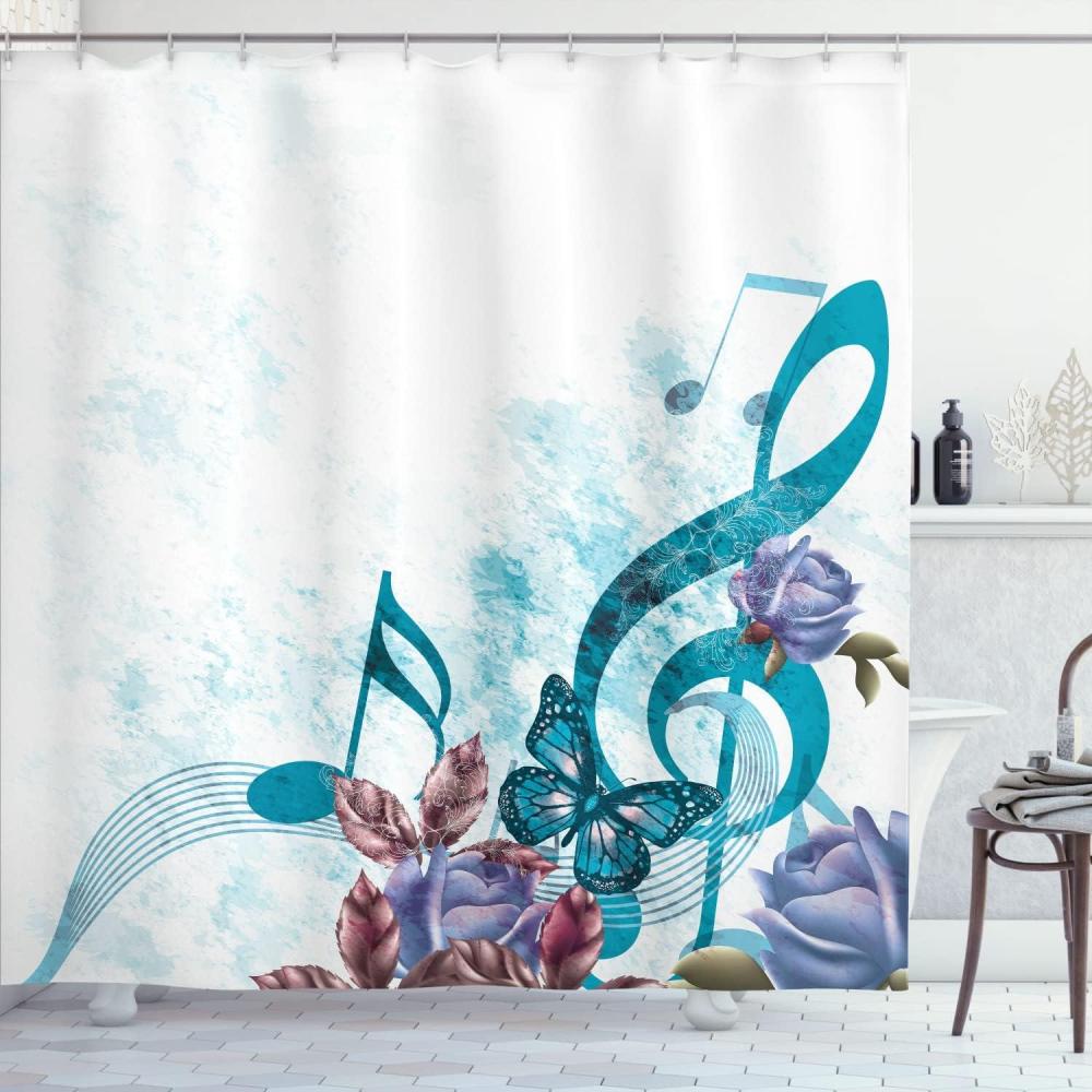 imageAmbesonne Music Shower Curtain Music Roses Romantic Antiquity Victorian Classic Bridal Floral Illustration Cloth Fabric Bathroom Decor Set with Hooks 75 Long Hunter GreenSea Blue