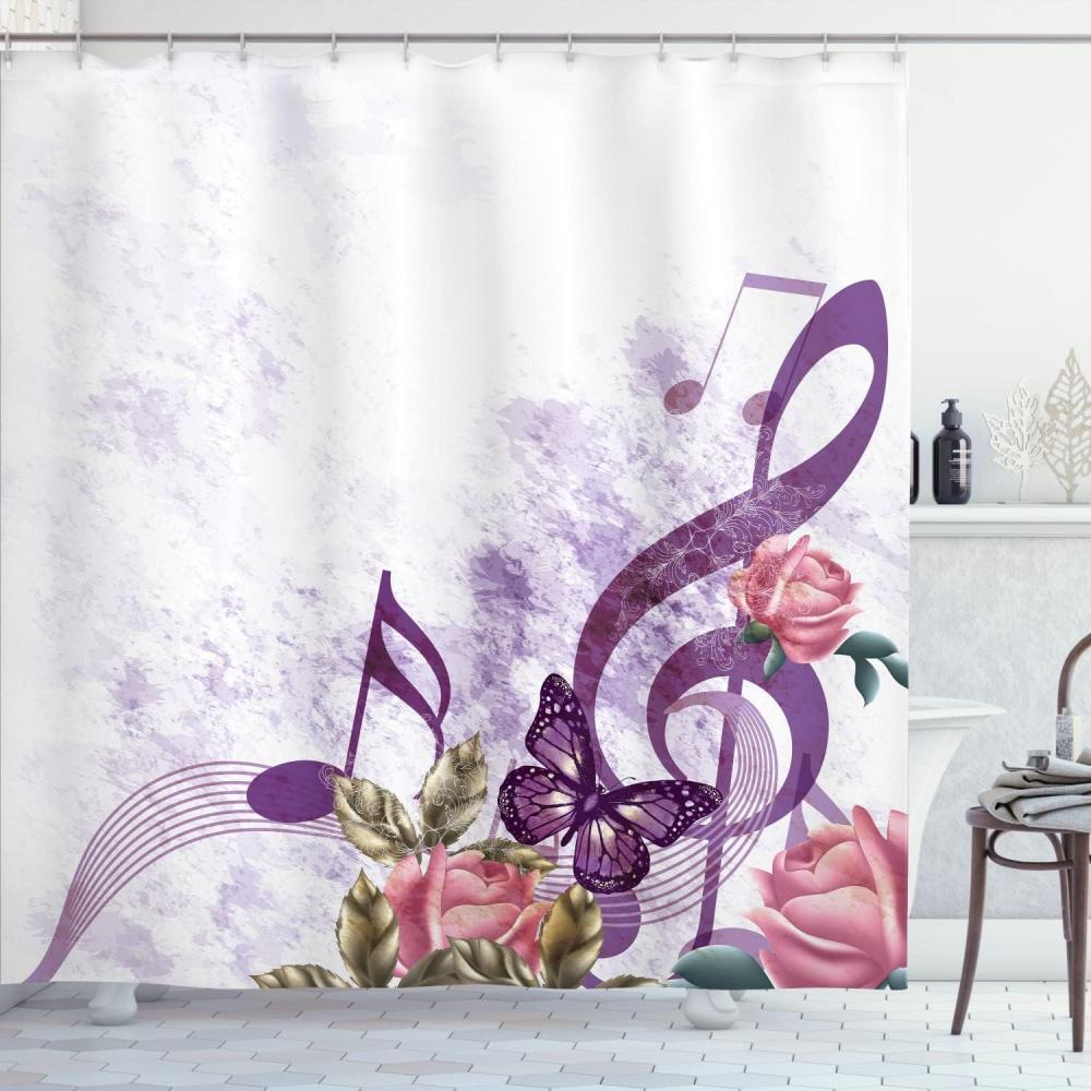 imageAmbesonne Music Shower Curtain Music Roses Romantic Antiquity Victorian Classic Bridal Floral Illustration Cloth Fabric Bathroom Decor Set with Hooks 75 Long Hunter GreenPlum Lilac
