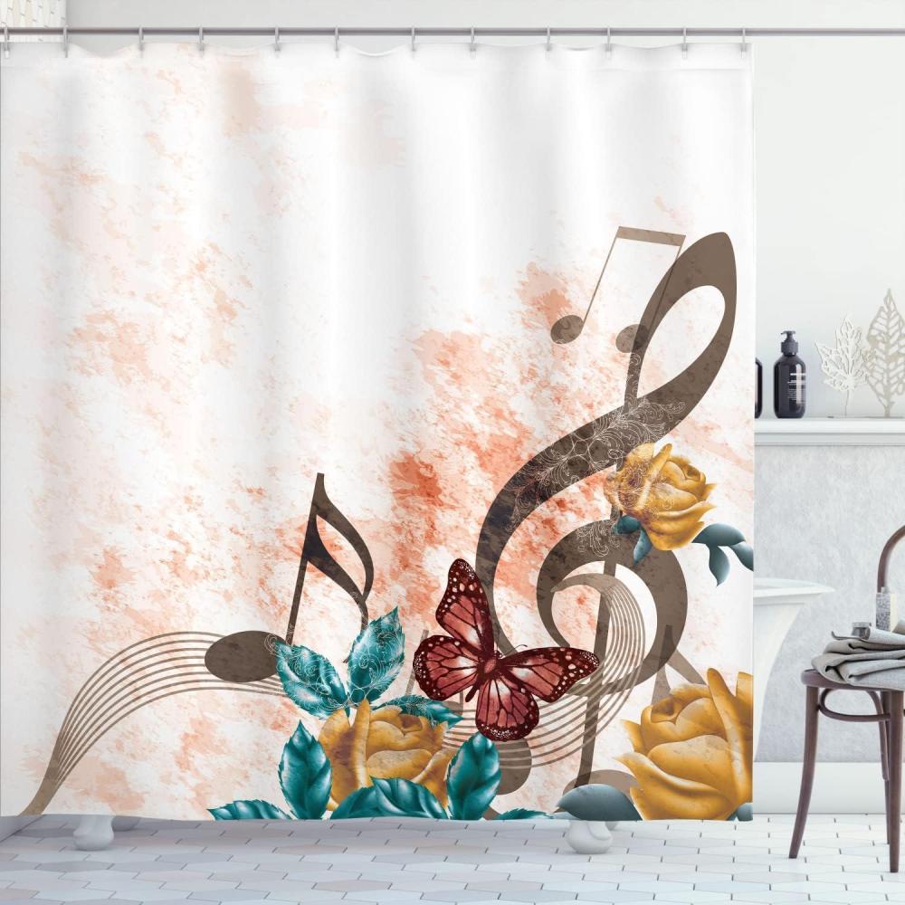 imageAmbesonne Music Shower Curtain Music Roses Romantic Antiquity Victorian Classic Bridal Floral Illustration Cloth Fabric Bathroom Decor Set with Hooks 75 Long Hunter GreenTaupe Salmon