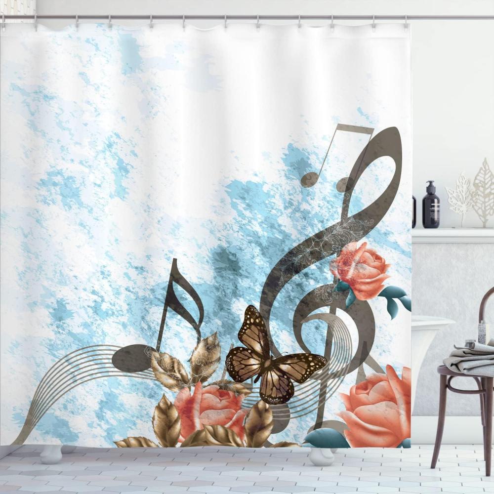 imageAmbesonne Music Shower Curtain Music Roses Romantic Antiquity Victorian Classic Bridal Floral Illustration Cloth Fabric Bathroom Decor Set with Hooks 75 Long Hunter GreenPale Blue