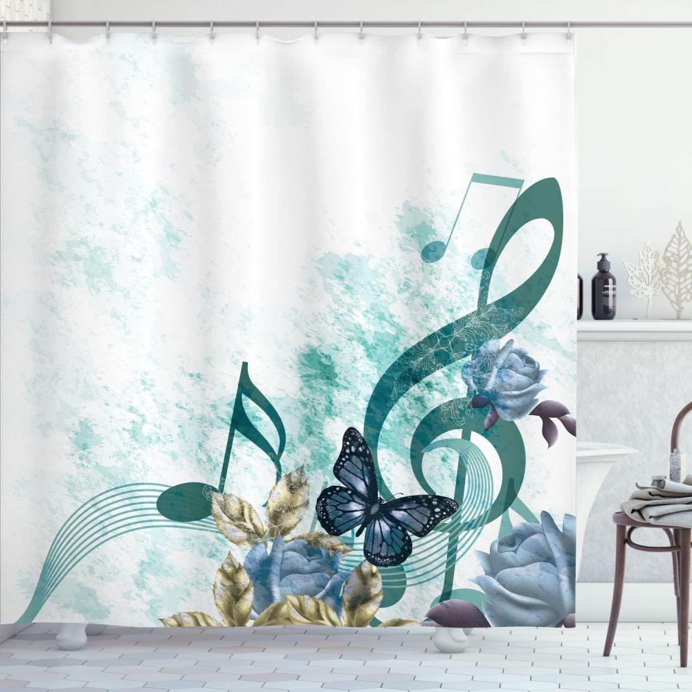 imageAmbesonne Music Shower Curtain Music Roses Romantic Antiquity Victorian Classic Bridal Floral Illustration Cloth Fabric Bathroom Decor Set with Hooks 75 Long Hunter GreenMint Green