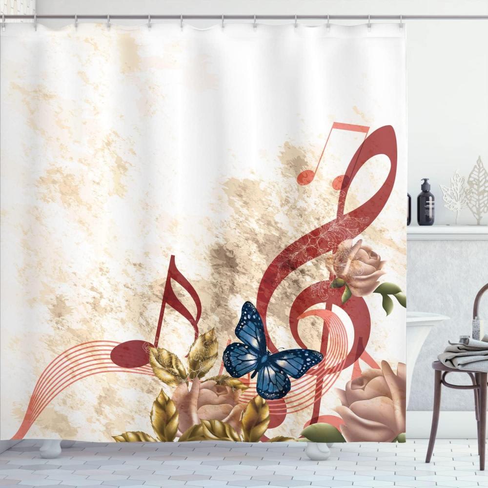 imageAmbesonne Music Shower Curtain Music Roses Romantic Antiquity Victorian Classic Bridal Floral Illustration Cloth Fabric Bathroom Decor Set with Hooks 75 Long Hunter GreenPale Mustard