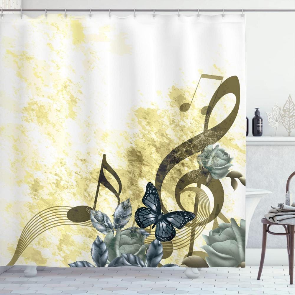 imageAmbesonne Music Shower Curtain Music Roses Romantic Antiquity Victorian Classic Bridal Floral Illustration Cloth Fabric Bathroom Decor Set with Hooks 75 Long Hunter GreenPastel Yellow
