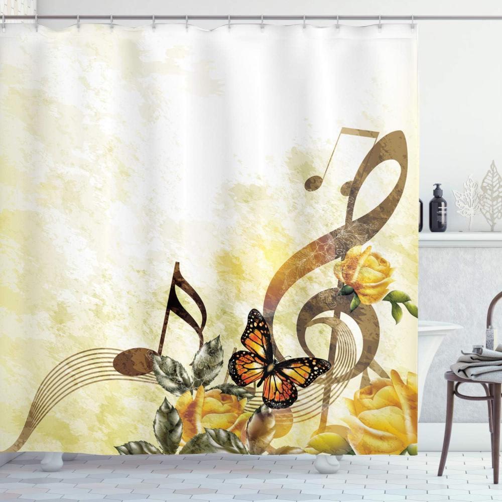 imageAmbesonne Music Shower Curtain Music Roses of Romantic Antiquity Victorian Style of Classic with Bridal and Floral Design Cloth Fabric Bathroom Decor Set with Hooks 69 W x 84 L Sepia and Yellow