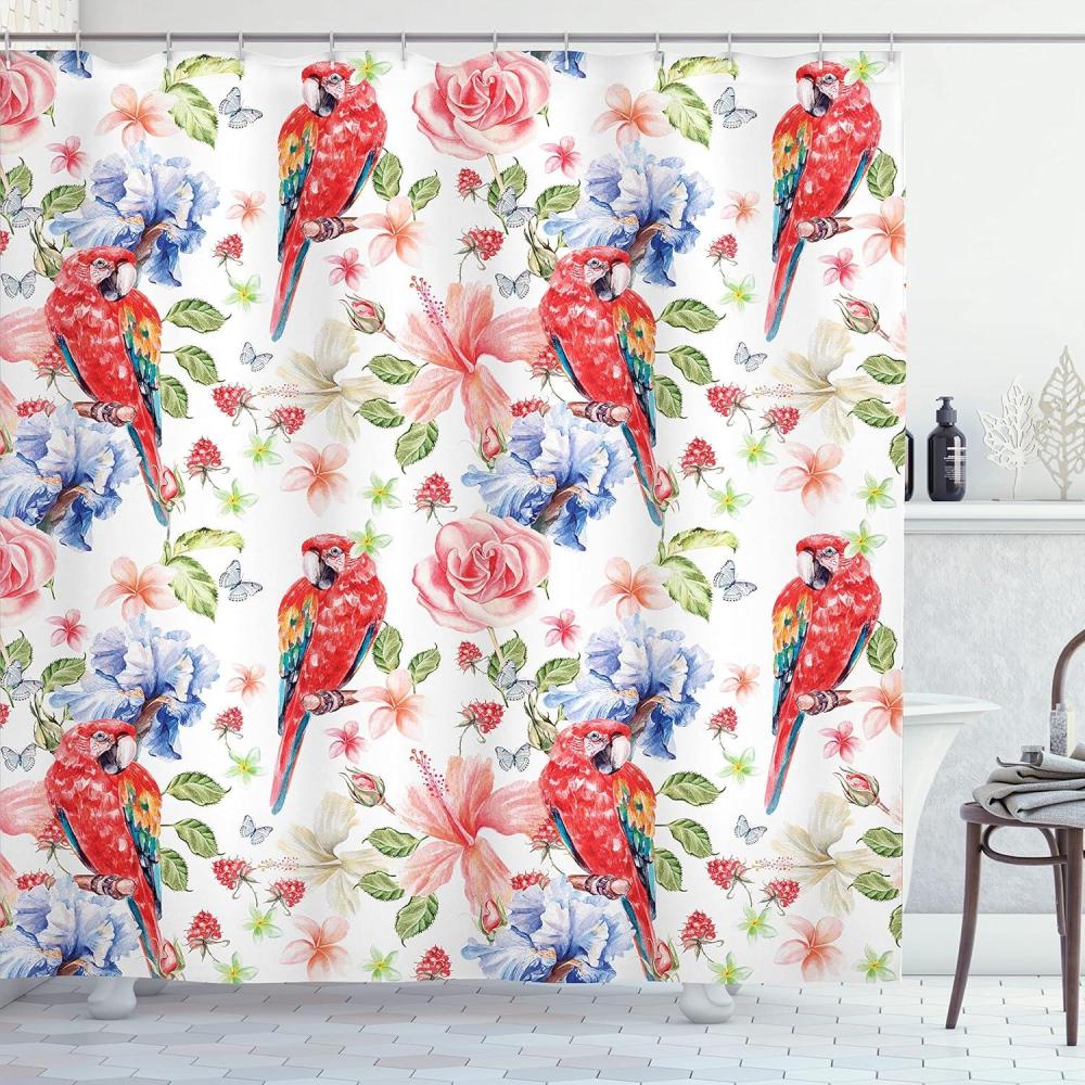 imageAmbesonne Parrot Shower Curtain Pastel Colored Parrots Iris and Roses on Berry Background Retro Inspired Romantic Cloth Fabric Bathroom Decor Set with Hooks 69 W x 70 L Multicolor