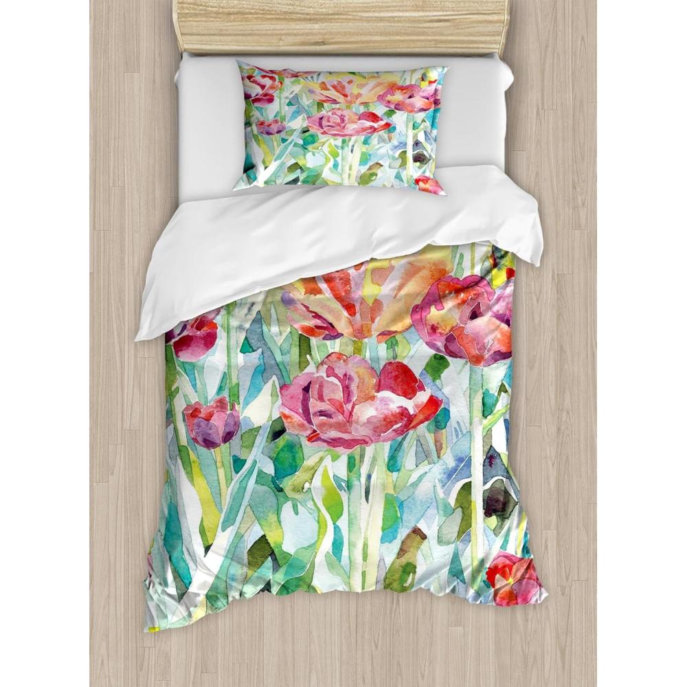 imageAmbesonne Pearls Duvet Cover Set Valentines Day Theme Artwork Roses Heart on Striped Bridal Backdrop Decorative 3 Piece Bedding Set with 2 Pillow Shams California King Blue Purple PinkGreen Pink
