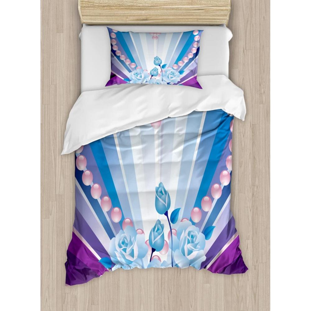 imageAmbesonne Pearls Duvet Cover Set Valentines Day Theme Artwork Roses Heart on Striped Bridal Backdrop Decorative 3 Piece Bedding Set with 2 Pillow Shams California King Blue Purple PinkBlue Purple Pink