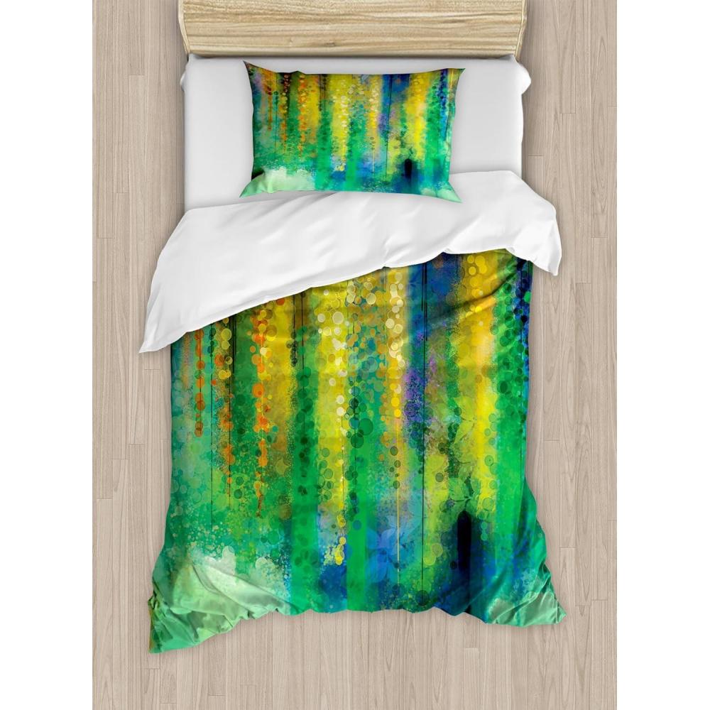 imageAmbesonne Pearls Duvet Cover Set Valentines Day Theme Artwork Roses Heart on Striped Bridal Backdrop Decorative 3 Piece Bedding Set with 2 Pillow Shams California King Blue Purple PinkGreen Yellow