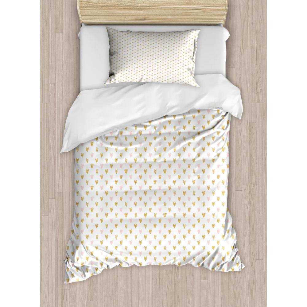 imageAmbesonne Pink Hearts Duvet Cover Sets Evenly Arranged Hand Sketched Hearts Illustration Valentine Bedding Set with 2 Duvet Covers amp 4 Pillowcases 2 Pack Queen Size Pale Earth Yellow Rose
