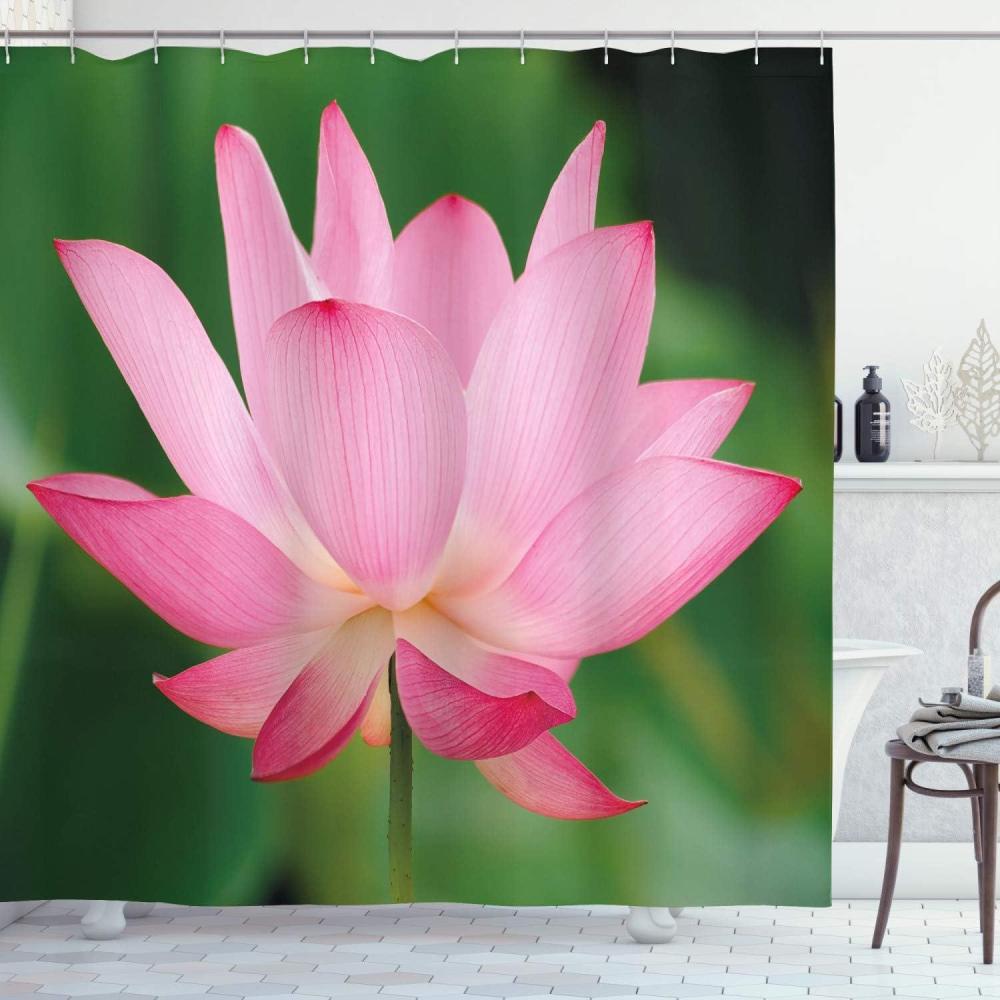 imageAmbesonne Pink Shower Curtain Flower Theme Nature Inspired Lotus Lily Blossom Romantic Digital Cloth Fabric Bathroom Decor Set with Hooks 69 W x 70 L Pink and Fern Green