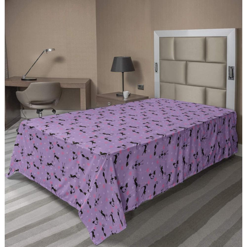 imageAmbesonne Purple Flat Sheet Unlucky Black Cat with Heart Filled Backdrop Valentines Day Animal Fun Soft Comfortable Top Sheet Decorative Bedding 1 Piece Queen Size Lavender Pink BlackTwin XL